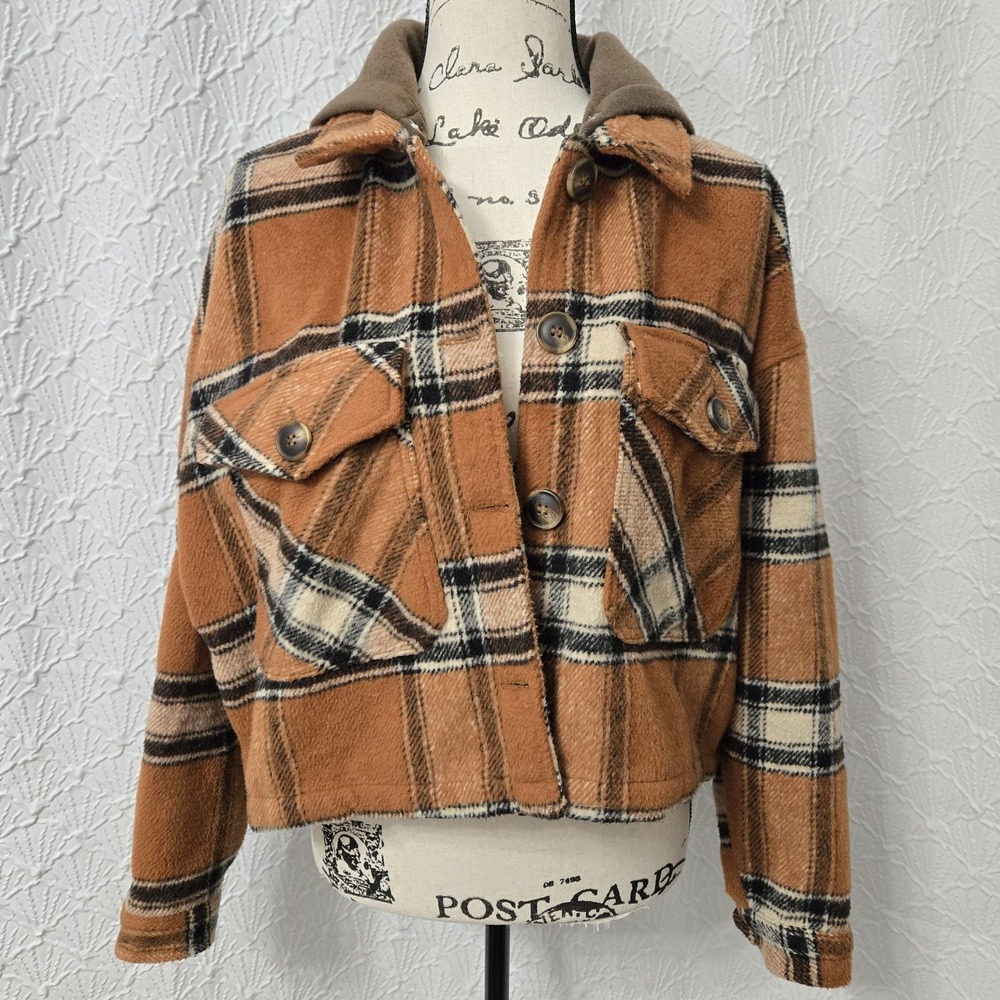 Plaid Hooded‎ Shacket Jacket Women's M Brown Tan Oversized Cropped Button Front